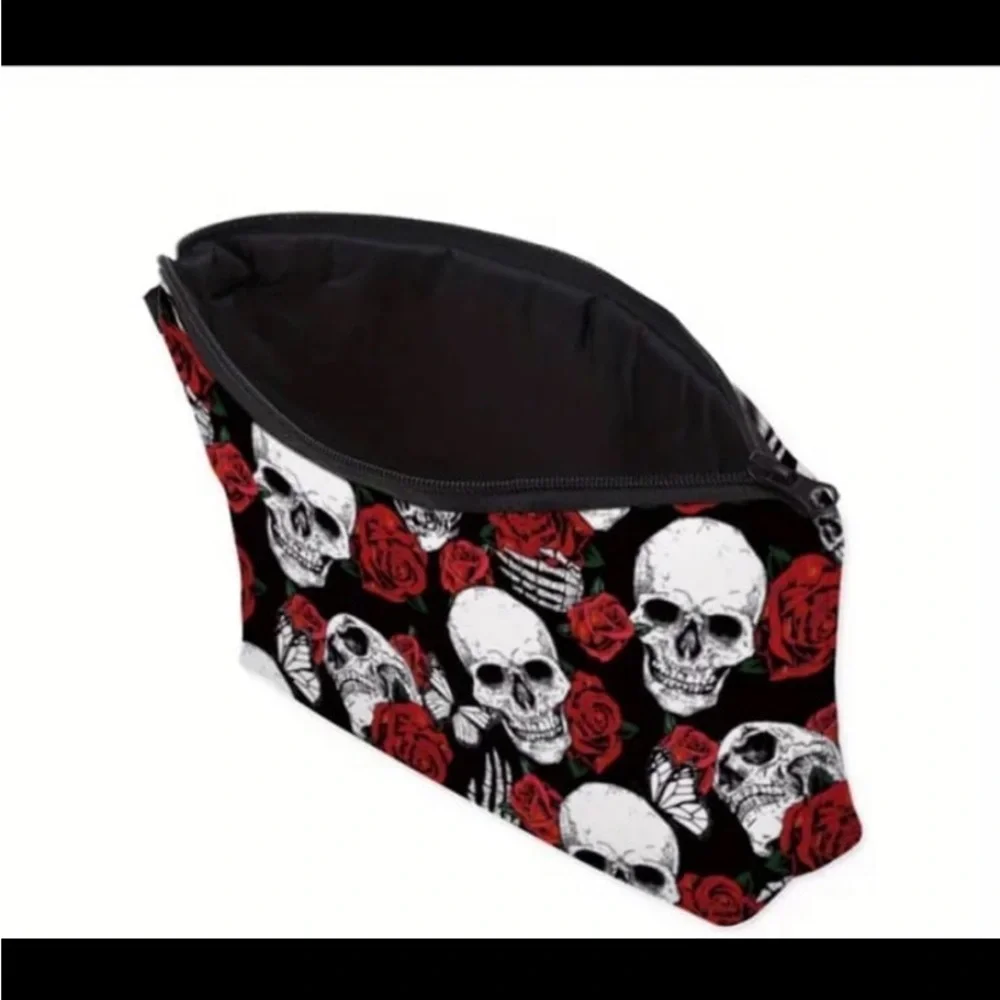 New! 3D Printed Skull And Rose Pattern Cosmetic Bag, Waterproof Makeup Pouch